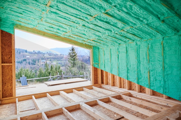 Antes y después de la sala de aislamiento térmico en la casa de madera de la casa del granero de estilo escandinavo. Comparación de paredes rociadas con espuma de poliuretano