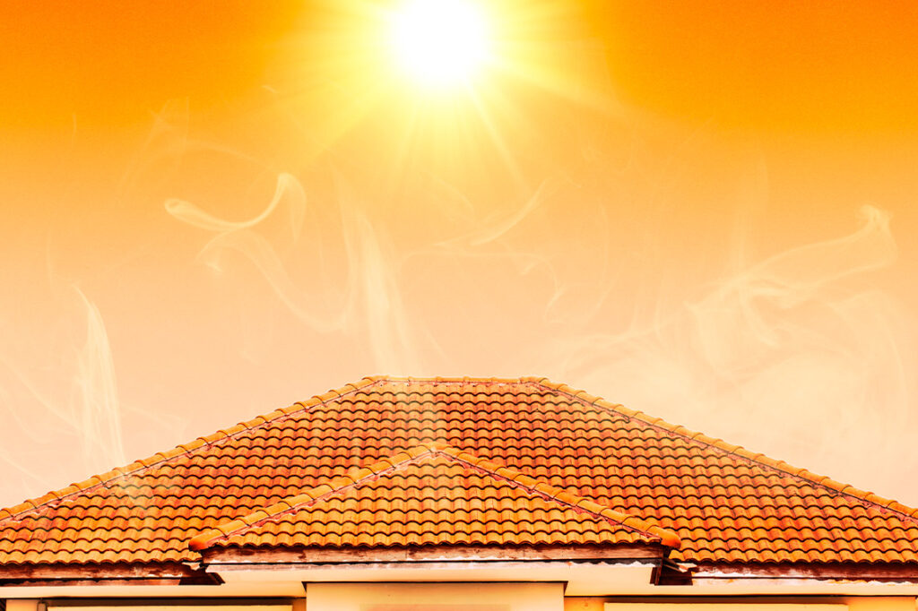Gray roof - Repair and Replace the House Roof with Handyman with Tools and Pprotective equipment. Stand on the Roof with the Ssky Background.